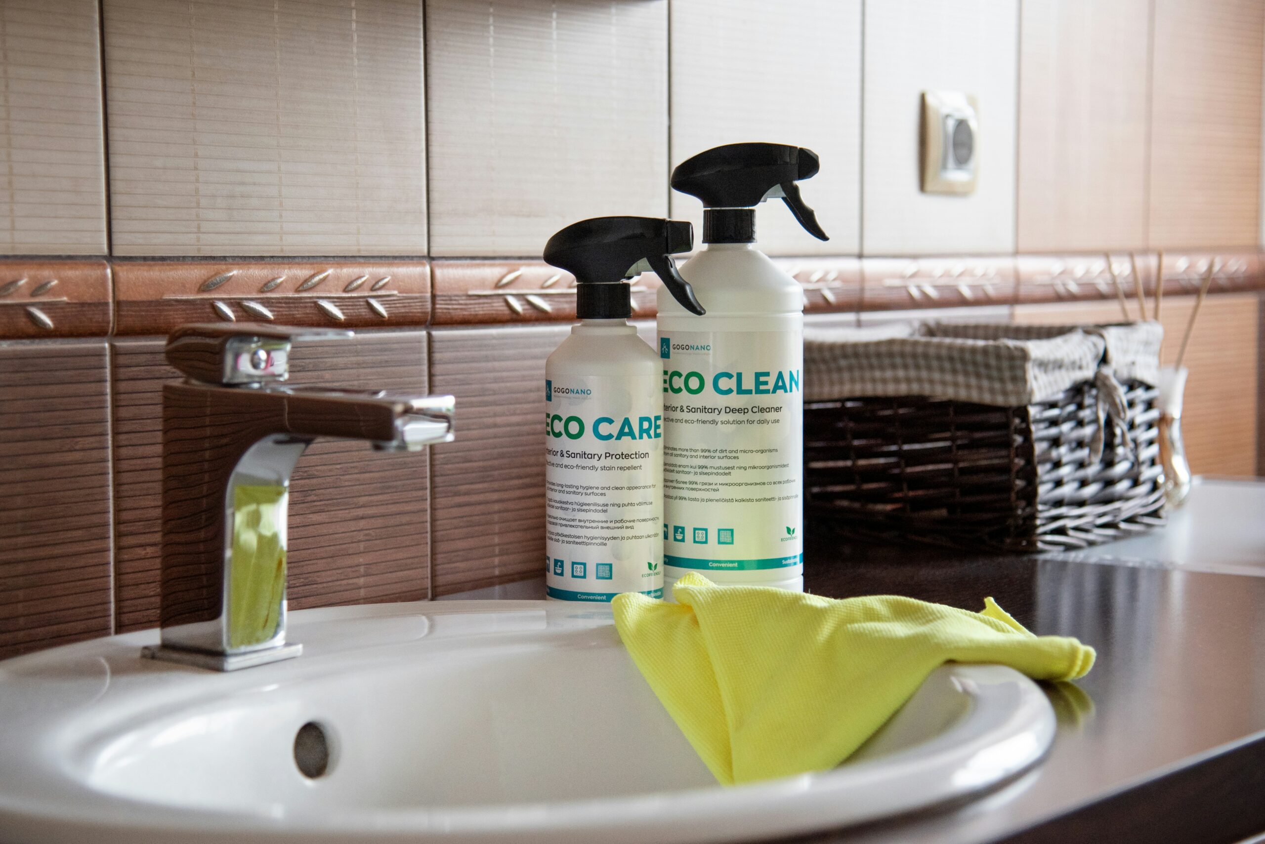 closing cleaning routine: 9 quick steps for any office 10 Bathroom sink with cleaning products ready for a quick end-of-day wipe